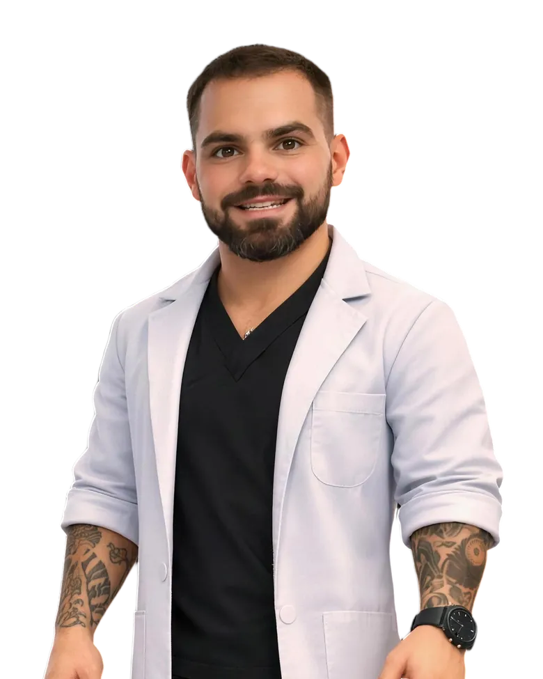 El Peptidoc: caricatura del Dr. Ricardo Campos con bata blanca abierta sobre playera negra